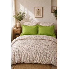 Nesco Beyaz Çiçek Pamuk 160X220 Tek Kişilik Nevresim Takımı + Lastikli Fıstık Yeşili Çarşaf + 2 Yastık