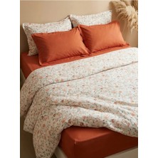 Nesco Turuncu Çiçek %100 Pamuk King Size 220x240 6 Parça Nevresim Takımı | 180x200x30 Lastikli Çarşaf + 4 Yastık