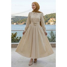 inStyle Çift Toka Kemerli Bej Elbise