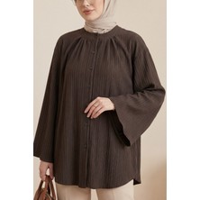 Moda Morfo Yuvarlak Yaka Düğmeli Ispanyol Kol Siena Tunik -K. Kahve