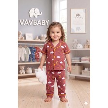 Vavbaby Pamuklu Kruvaze Yaka Önden Düğmeli Bulut-Ay Desenli Mevsimlik Alt Üst Pijama Takım-Kırmızı