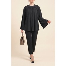 Moda Morfo Yuvarlak Yaka Düğmeli Ispanyol Kol Siena Tunik -Siyah