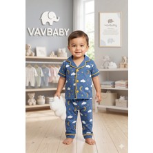 Vavbaby Pamuklu Kruvaze Yaka Önden Düğmeli Bulut-Ay Desenli Mevsimlik Alt Üst Pijama Takım-Mavi