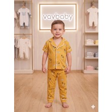 Vavbaby Pamuklu Kruvaze Yaka Önden Düğmeli Aslan Kral Desenli Mevsimlik Alt Üst Pijama Takım (Sarı)