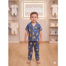Vavbaby  Pamuklu Kruvaze Yaka Önden Düğmeli Aslan Kral Desenli Mevsimlik Alt Üst Pijama Takım (Mavi)