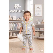 Vavbaby Pamuklu Kruvaze Yaka Önden Düğmeli Bulut-Ay Desenli Mevsimlik Alt Üst Pijama Takım-Gri