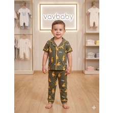 Vavbaby  Pamuklu Kruvaze Yaka Önden Düğmeli Aslan Kral Desenli Mevsimlik Alt Üst Pijama Takım (Yeşil)