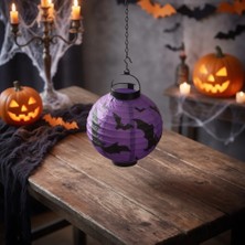 Dodomar Halloween Pilli Japon Feneri 20 cm Mor Yarasa Desenli Cadılar Bayramı Dekor Süsleme