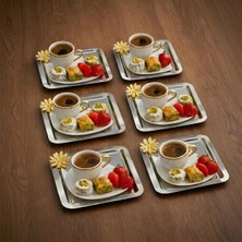 Chef Taste Jasmin Kare Model Zambak Çiçegi Aksesuarlı 6 Lı Kahve Çay ve Çok Amaçlı Sunum Tepsisi