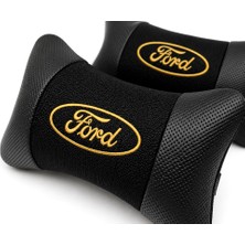 Brtshopping Ford Logolu Boyun Yastığı 2’li Set Siyah Keten Kumaş Nakışlı Oto Koltuk Baş Destek Yastığı Ergonomik Konforlu Tasarım