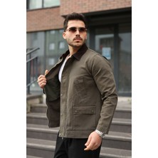 Little Cup Jeans Co Erkek Haki Garni Yaka Spor Canvas Mont