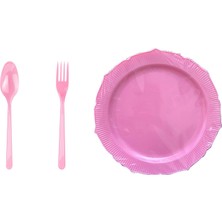 Omeyva 23 Cm. Plastik Mika Pembe Sorfa Piknik Seti - 24 Kişilik Tabak Çatal Kaşık Takımı