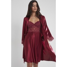 Pierre Cardin Kadın Bordo Saten Dantelli Gecelik & Sabahlık Takım M Beden Şık Tasarım 4265