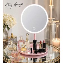 Atay Garage LED Işıklı Makyaj Aynası Standlı Organizer – Dokunmatik Işık – Pembe