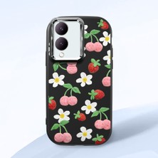 HONTINGA Vivo Y28 ile Uyumlu Kılıfı Kamera Korumalı Düşüme Önleyici Basitlik Siyah Yumuşak Silikon Telefon Kılıfı Çilek Desenli K4-0034