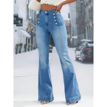 Stelol Kadın Yüksek Bel Önden Düğme Detaylı Parçaya Doğru Geniş Kot Pantolon