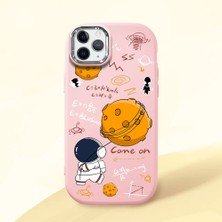 HONTINGA iPhone 11 Pro Max ile Uyumlu Kılıfı Kamera Korumalı Düşüme Önleyici Basitlik Pembe Yumuşak Silikon Telefon Kılıfı Astronot Desenli K4-0033