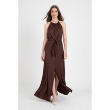 Rays Kahve Yırtmaçlı Desenli Elbise 251656
