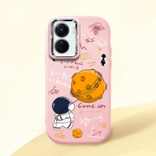 HONTINGA Vivo Y02S ile Uyumlu Kılıfı Kamera Korumalı Düşüme Önleyici Basitlik Pembe Yumuşak Silikon Telefon Kılıfı Astronot Desenli K4-0033