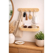 Mis Kitchen Doğal Rattan Duvar Rafı - Askılı Hasır Anahtarlık ve Takı Standı–dekoratif Raf Sepetli Organizer