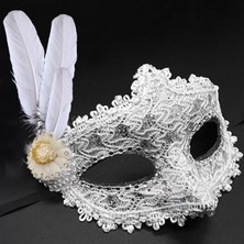 Pileli Store Pilelistore- Beyaz Renk Tüylü Dantelli Taşlı Balo Maskesi