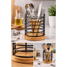 Mis Kitchen Bambu Tabanlı Metal Halkalı Kaşıklık Çatal Kaşık Standı Mutfak Tezgah Organizeri