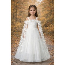 Atlas Kids Kız Çocuk Premium Beyaz Tül Abiye Gelinlik – Çiçek Detaylı Prenses Model (3-12 Yaş)