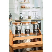 Handanca 3'lü 1300 ml Çay Kahve Şeker Kavanozu Bambu Kapaklı, Yeni Standlı ve Etiketli