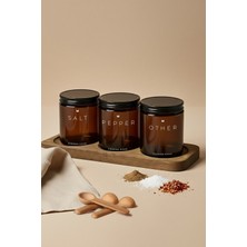 Handanca Ahşap Standlı Amber Cam Baharatlık Seti - Salt, Pepper, Other Yazılı – 3'lü Set / 250 ml