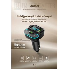 Jopus Bluetooth FM Transmitter Araç Kiti, Hızlı Şarj,USB, Type-C, HD Mikrofon F9