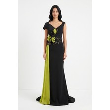 BDM Exclusive Tek Omuz Çiçek Aplikeli Uzun Krep Organze Abiye Elbise