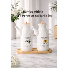 Handanca 2 Adet 1 Lt Porselen Yağdanlık ve Bambu Altlık Seti_yağlık Sirkelik Her Biri 1000ML