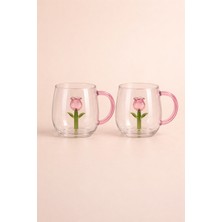 Mis Kitchen Pembe Kulplu Cam Lale Tasarımlı Kupa Bardak 2’li Dekoratif Cam Kahve ve Çay Kupası