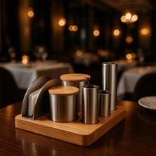 Handanca 6 Bölmeli Ahşap Peçetelik Kürdanlık Tuzluk Baharatlık Seti Lokanta Restoran Seti 9 Parça Mena