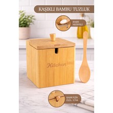 Handanca Kaşıklı Bambu Kapaklı Tuzluk Şekerlik - Dekoratif Mutfak Düzenleyici Tuz Kabı Baharatlık Kutusu 12CM
