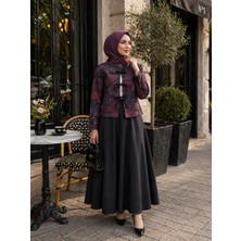 Esra Butik Mürdüm Desenli Bağlama Detaylı Dabıl Kumaş Tesettür Etekli Takım