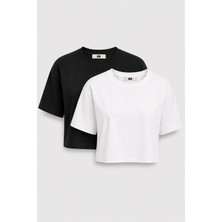 JUST UNIQUE DENIM J.U.D Lucia 82001-1 Oversize Crop 2'li Kadın Basic T-Shirt