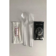 Handanca - Plastik Çatal Kaşık Islak Mendil Kürdan Tuz Seti 1 Paket (100 Adet)