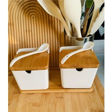 Handanca 2'li Bambu Standlı Bambu Kapaklı Porselen Kaşıklı Tuzluk Biberlik 250 Ml(Gnl)
