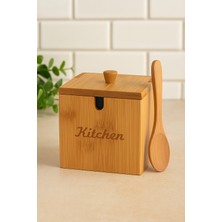Handanca Bambu Kapaklı Kaşıklı 12X12 Çok Amaçlı Baharat ve Tuzluk Kutusu – Kitchen Yazılı