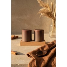 Handanca Keramika Mat Toprak Stackable Tuzluk & Biberlik Seti, Doğal Ahşap Standlı