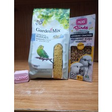 Gardenmix Platin Muhabbet Yemi Soyulmuş 400GR+1 Paket Hobi Ballı Muhabbet Krakeri+1 Adet Ahududu Aromalı Iyotlu Kalsiyum Blok