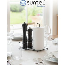 Handanca Siyah Metal Ahşap Saplı Tezgah Üstü Kağıt Havluluk ve Baharatlık Standı