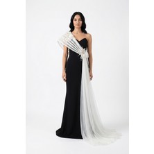 Bdm Exclusive Tek Omuz Yırtmaçlı Uzun Abiye Elbise Tül Detaylı Şık Elbise