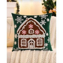 My Balli Store Yeni Yıl Noel Ev Desenli Yeşil Kadife Kırlent Kılıfı