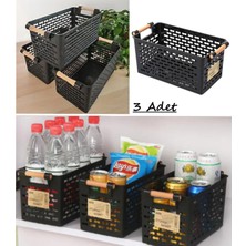 Handanca 3 Adet Siyah Ahşap Renk Plastik Saplı Organizer Sepet Ekmeklik Sebze Meyve Sepeti