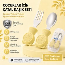 Jojobebek Sarı Renk Ayıcık Figürlü Premium Çocuk BPA Free Silikon Sap Paslanmaz Çelik Uçlu Çatal-Kaşık Set ve Saklama Kutusu 9+ Ay