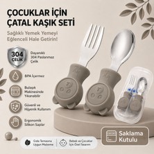 Jojobebek Gri Renk Ayıcık Figürlü Premium Çocuk BPA Free Silikon Sap Paslanmaz Çelik Uçlu Çatal-Kaşık Set ve Saklama Kutusu 9+ Ay