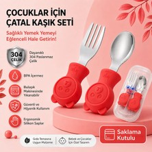 Jojobebek Kırmızı Renk Ayıcık Figürlü Premium Çocuk BPA Free Silikon Sap Paslanmaz Çelik Uçlu Çatal-Kaşık Set ve Saklama Kutusu 9+ Ay
