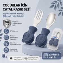 Jojobebek Lacivert Renk Ayıcık Figürlü Premium Çocuk BPA Free Silikon Sap Paslanmaz Çelik Uçlu Çatal-Kaşık Set ve Saklama Kutusu 9+ Ay